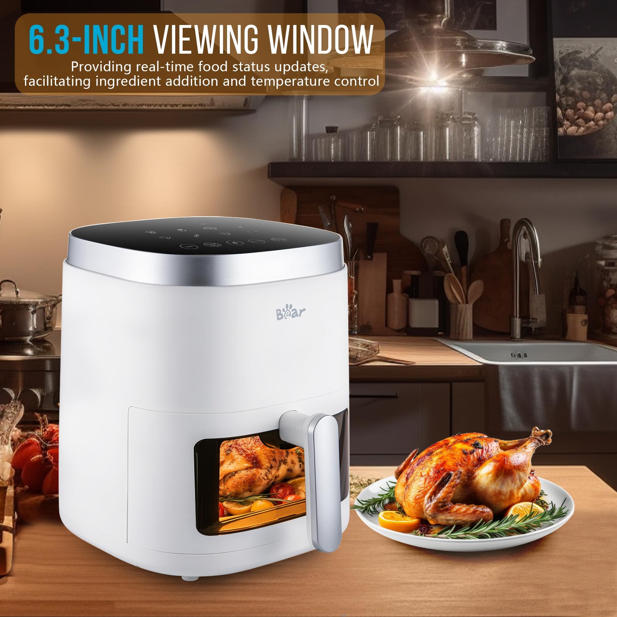 Bear Air Fryer for Home with Toaster Grill 5L 1500W with Transparent Cooking Window 90% Less Fat Cooker with 8 Presets Menus for India Cooking, Touch Control Temp & Timer with Nonstick Tray Bear Air Fryer for Home with Toaster Grill 5L 1500W with Transparent Cooking Window 90% Less Fat Cooker with 8 Presets Menus for India Cooking, Touch Control Temp & Timer with Nonstick Tray